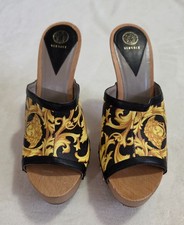 Versace Black/Yellow Barocco Printed Leather Clog Platform Sandal picture