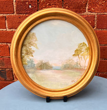 Original Signed Impressionist Round Landscape Trees Painting, Gold Leafed Frame picture