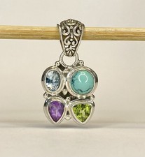 SARDA Bali Sterling Silver Turquoise Amethyst Peridot Blue Topaz Pendant 7.65g picture