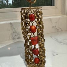 Vtg Stephen Dweck Nine Strand Bronze Link Chain Red Coral Chunk Toggle Bracelet picture