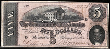 1864 CSA CONFEDERATE STATES AMERICA CURRENCY $5 Dollar Note T-69 PF-3 Cr. 559 picture