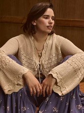 Torrid Plus 2X Festi Cropped Tie Front Crochet Lace Cardigan Cement Beige NWT picture