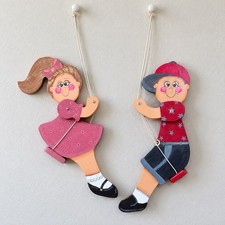 VTG Wooden Wall Ceiling Hangings Boy Girl Set Hand Painted Folk Art Large picture