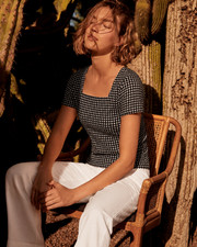 MEDIUM Anthropologie Knitted Gingham Square Neck, Wooden Button Top NWOT picture