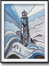Art Deco Lighthouse Waves Original Signed  Art Painting 12x16 Art Home Decor picture
