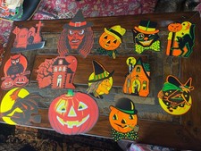 Halloween Decorations Diecut beistle Witch Pumpkin House Cat Vintage Antique H79 picture