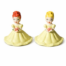 Vtg Lombardo Lady Figurines Set 2 Big Eyes Girls Green Dress Japan Style Kitsch picture