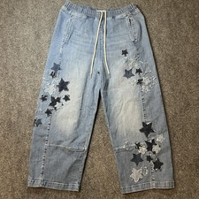Pilcro Women’s M Blue Denim Barrel Crop Leg Drawstring Jeans Embroidered Stars picture