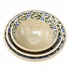 Vintage Studio Pottery Nesting Bowls Set 3 Wheel Thrown Stoneware Blue Berry picture