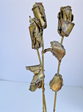 3 Vintage Brass Bronze Long Stem Roses Metal Art Flower Sculpture Brutalist 13” picture