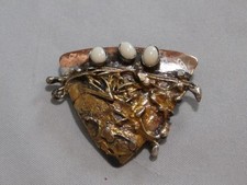 Signed Artisan Cathleen McLain 2002 Brutalist Triangle Shaped Copper Opals Pin picture