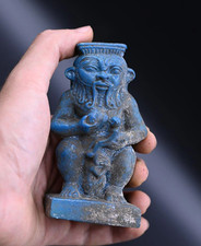Rare Authentic Ancient Egyptian Antiquities Blue Stone Statue Of Bes Egyptian BC picture