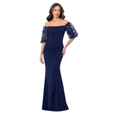 Xscape Women's Evening Gown Off-the-Shoulder Neckline, Puff Sleeves, Navy, 10 picture