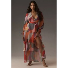 NWT Hutch Long-Sleeve V-Neck Wrap Maxi Dress Size XS Multicolor Geometric Flowy picture