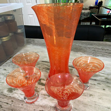 Unmarked Orange & Clear Swirl Decorated Glass Cocktail Glasses with Pitcher picture