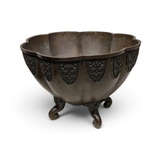 Antique Japanese Bronze Polylobed Bowl Dragon Lotus Decor Early 20th C picture