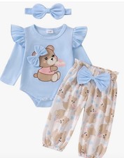 Ursobutegl Newborn Infant Baby Girl Outfits Ruffle Bear Long 0-3 Months, Blue picture