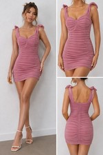 Windsor Women’s S Pink Solid Ruched Mesh Sweetheart Bodycon Mini Dress picture