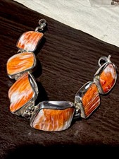 Vintage Amazing Orange Spiny Oyster Beaded BASK Sterling Silver Bracelet 7-7.75” picture