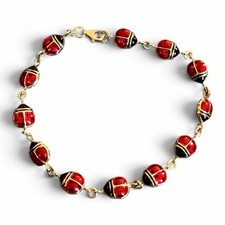 14k Yellow Gold & Enamel Ladybug Bracelet 3-Dimensional Signed “JGM” TW-4g 7.5” picture