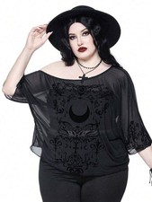 Romwe Romantic Gothic Retro Baroque Vine Moon Pattern Sheer Top Black 2XL NWT picture