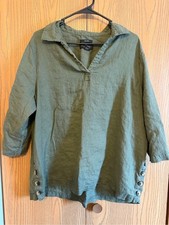 Tahari Olive Green 100% Linen Button-Hem Pullover Top picture