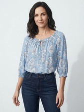 TALBOTS PLUS Blue/White Paisley Print Smocked Keyhole Neckline Top Sz 1X picture