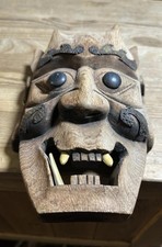Vintage Japanese Oni Mask Carved Wood Metal Flame Accents Polished Obsidian Eyes picture