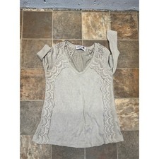 Glamour Farms Womens Oatmeal Beige Crochet Lace Trim V-Neck Long Sleeve Top S picture