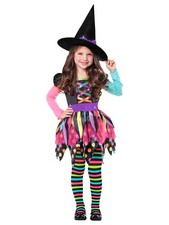 Goodmark Girls Miss Match Witch Neon Halloween Costume Dress & Hat Small (6-6X) picture