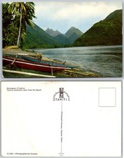 Tautira Mountains Tahiti Beach Outrigger Canoes Postcard picture
