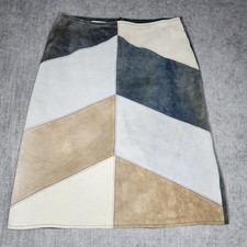 Vintage Via Patchwork Leather Skirt Blue Tan Chevron Suede A-Line Size 10 picture
