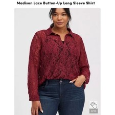 NEW Torrid Size 2 2X Madison Zinfandel Burgundy Lace Button Down Shirt Plus picture
