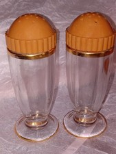 Vtg Jeannette Glass Co. 24kt Decorated Salt & Pepper Shakers MCM Butterscotch picture