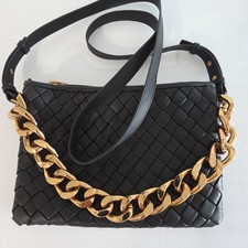 Vince Camuto Hina Woven Black Leather Crossbody Bag Gold Chain Shoulder Handbag picture