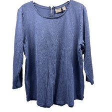 Chicos Women's Top Size Large Solid Blue Back Zipper 3/4 Sleeves 100% Cotton picture