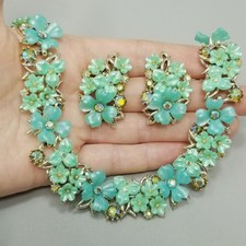 Vintage ART Signed Blue Green Rhinestone Flower Necklace Clip On Earring Set picture