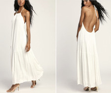 Lulus Downright Divine White Swiss Dot Halter Maxi Dress Open Back Med NWT picture