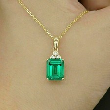 3.2Ct Emerald Lab Created Emerald Pendant 14k Yellow Gold Plated 18'' Free Chain picture