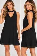 A Byer Women's Large Black Choker Neck Dress Sleeveless V Neck Shift picture