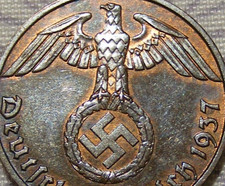 Third Reich Germany  WW2-Era 1 Reichspfennig (Pfennig) Bronze Coin Genuine ... picture