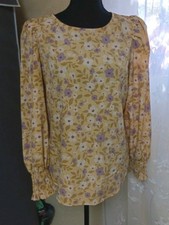 Pleione Mustard Yellow  Floral Smocked Cuff Peasant Blouse Size Large L picture