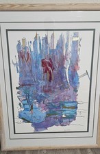 Vintage Ian D. King Framed Abstract Sailboat / Cityscape Print with Gold Foil picture