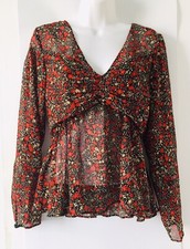 NWT ZARA Multicolor FLORAL PRINT BLOUSE V-Neck Flared Hem Long Sleeve Sz S O2449 picture