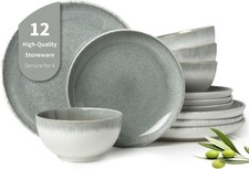 Pokini Gradient Green Stoneware Dinnerware Sets, 12 pcs Reactive Glaze Plates... picture