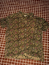 Anokhi Block Print Paisley Short Sleeve Button Down Shirt Large Olive Green picture