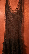 Antique 1920’s XS Black Lace Sleeveless Chemise OverDress Round Neck Ruffle Hem picture