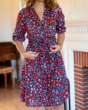 NWT Lesley Evers Harriet Dress Floral Blossom Breeze Red Short Slv Tie Waist XL picture