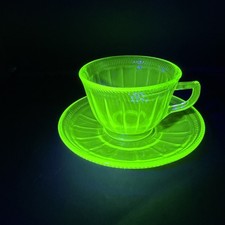 Vtg 40s Federal Cup & Saucer Bundle Uranium Glass Glows Depression 2 Pc Tea Set picture