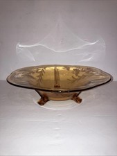 Vintage 1930'S FOSTORIA Amber  12” Serving Bowl Depression GLASS W/Etched Flower picture